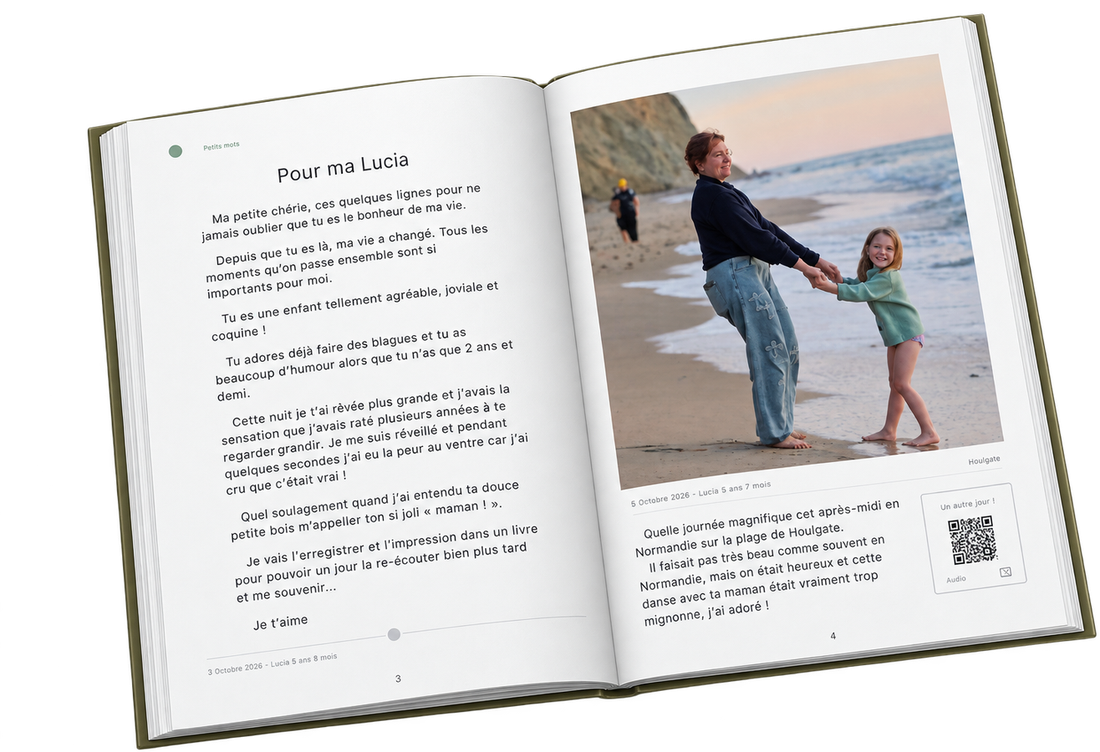 Livre Petit Cœur ouvert : page droite avec photo et QR code